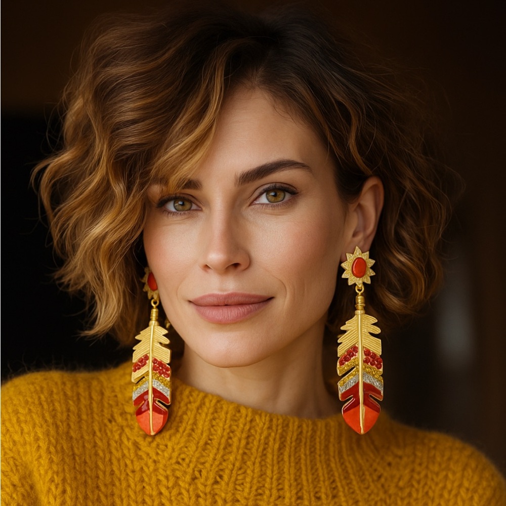 Stylish Red And Rhinestone Feather Gold Drop Earrings - Picture 1 of 14